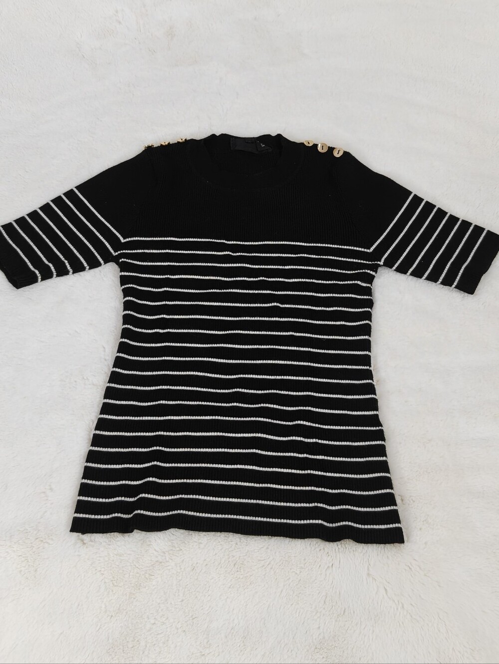 Sweet Wanderer Striped Knit Top with Shoulder Buttons M Black and White